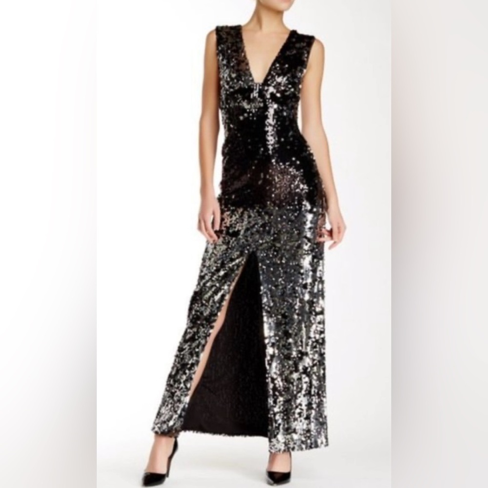 Rachel Zoe Black & Silver Sequin Sleeveless Plunge Neckline Women’s Dress